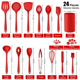 E-far Silicone Cooking Utensils Set, 24Pcs Heat Resistant Kitchen Utensil with Holder, Silicone Kitchen Tools with Spatula Turner Spoon Tongs Whisk, Non-Toxic & Dishwasher Safe (Red)