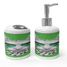 Ambesonne Whimsical Soap Dispenser & Toothbrush Holder Set, Whimsical Portrait Illustration of Sphynx Cat with Sunglasses and Scarf, Ceramic Bathroom Toiletry Accessories, 2 Pcs, Fern Green and Grey