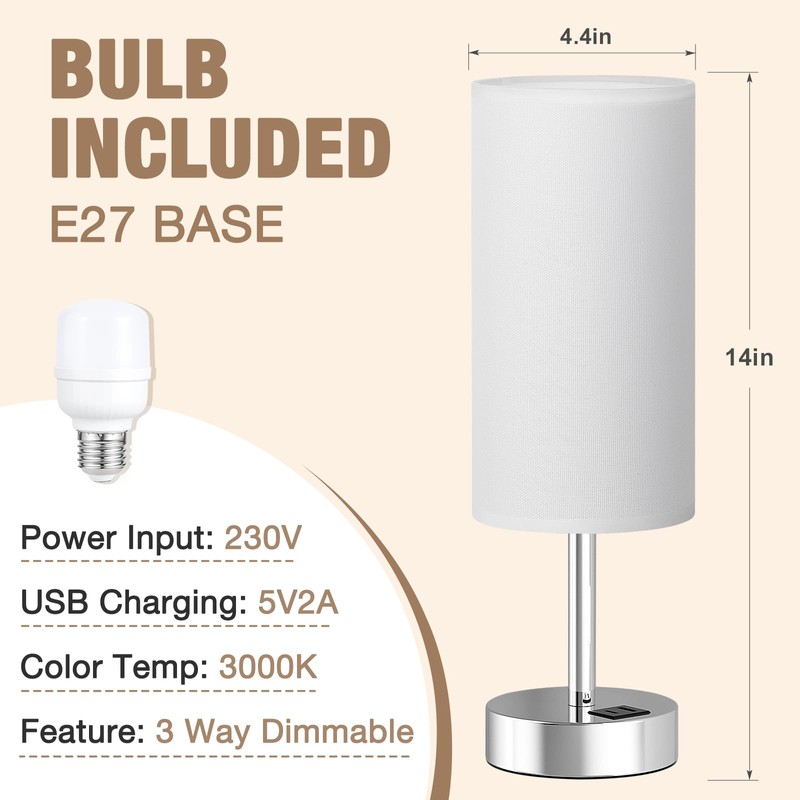 Aooshine Bedside Lamps, Dimmable Table Lamps with White Fabric Shade,
