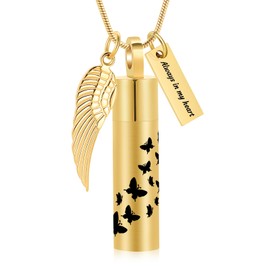 zeqingjw Cremation Jewelry Butterfly Cylinder Urn Necklace for Ashes Stainless Steel Keepsake Ash Holder Funeral Pendant of Loved Ones, Stainless Steel, No Gemstone