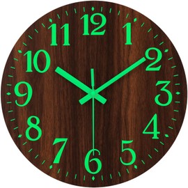 NESIFEE Glow in Dark Wall Clock, 12 Inch Wall Clock Battery Operated, Silent Non-Ticking Night Light Clock Wall Decoration for Living Room Kitchen Office Bedroom, Brown
