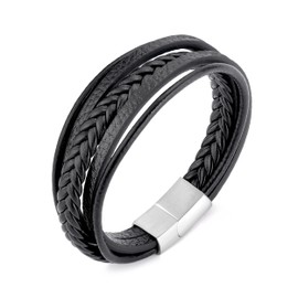 Philip Jones Men's Genuine Black Leather Bracelet with Stainless Steel Clasp