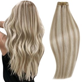 RUNATURE Weft Hair Extensions Human Hair Blonde Long Sew in Hair Extensions Real Human Hair 20 Inch Straight Weft Human Hair Extensions Ash Brown mix Platinum Blonde Hair Weft Extensions 100g
