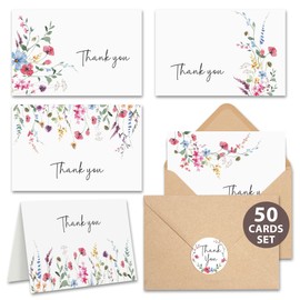 AUDREE Floral Thank You Cards with Envelopes (50 pack 4x6) - Wildflower Thank You Cards with Adhesive Envelope & Matching Stickers - Thank You Cards for Birthday, Wedding, Bridal Showers, Baby Shower