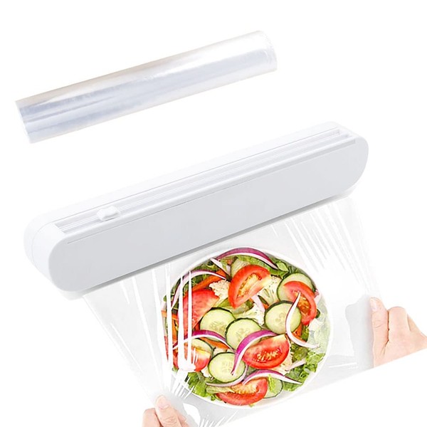 Cling Film Dispenser and Cutter,Foil Dispenser for Plastic Food Wrap Holder with Slide Cutter and 1* BPA Free Plastic Wrap Cling Film Refill Easy to Wrap and Cut for Home and Kitchen