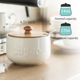 LYEOBOH Sugar Bowl with Lid and Spoon,17 OZ Sugar Jar, Ceramic Jar with Lid, Sugar Container for Coffee Bar, Sugar Bowls for Countertop, Azucarera for Farmhouse Home and Kitchen, White