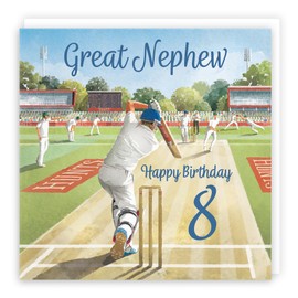 Hunts England - 8th Great Nephew Cricket Birthday Card - Milo's Gallery - Age 8 Sport Fun Birthday Card For Great Nephew - For 8 Year Old Cricket Fan - Age Eight