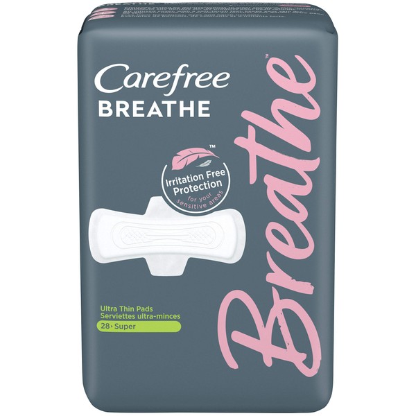 Carefree Breathe Ultra Thin Super Pads with Wings, Irritation-Free Protection, Unscented, 28 Count