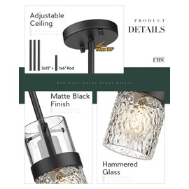 LMS 2-Pack Modern Matte Black Pendant Light, Adjustable Hanging Pendant Lighting with Hammered Glass, Tiltable Pendant Lighting for Kitchen Island, Bathroom, Bedroom, LMS-201