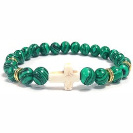 Azusa Sun Religion Cross Natural Stone Beads Stretch Bracelets for Women Men 8MM Malachite Turquoise Agate Cross Elastic Prayer Bracelet Friendship Valentine’s Day Birthday Jewelry - Green