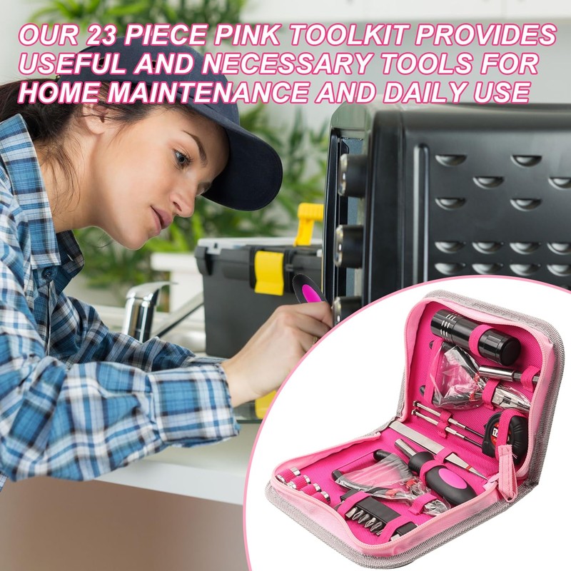 23 Pieces Pink Tool Kit, Comes with Pliers, Socket, Screwdriver,