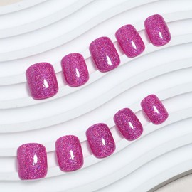 ANDGING Bling Hot Pink Press on Nails Short Square Glue on Nails with Designs Fantasy Glitter Pressons Fake Nails Gel Full Cover Acrylic Manicure False Nails for Wedding Stick on Nails for Women