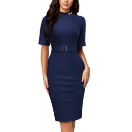 Miusol Women's Retro Half Collar Elegant Style Work Pencil Dress (Medium, Navy Blue)