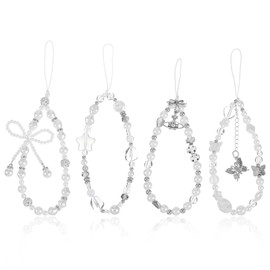 4 Pcs Camera Wrist Strap Beaded Cute Digital Camera Charm Crystal Butterfly Flower Pearl Star Phone Beaded Wrist Straps Phone Bracelet Lanyard White Silver for Wallet Bag Keychain Women Festival Gifts