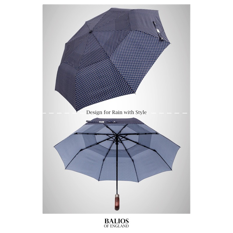 Balios Travel Folding Umbrella with Real Wood Handle Auto Open