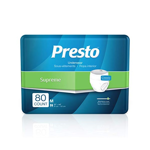Presto Supreme Breathable Incontinence Underwear for Women and Men - Disposable, Odor Eliminator, Medium - 80 ct (4 Bags of 20)