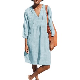 Lafural Womens V Neck Cotton Casual Loose Shift Tunic Smock Summer Dresses Vacation Dress 3/4 Sleeve Pocket Blue 2XL
