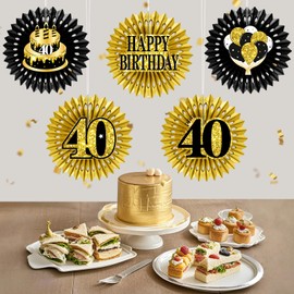 Zirtorei 40th Birthday Decorations Set 40 Hanging Honeycomb Round Paper Fans, Black Gold Happy 40th Birthday Photo Booth Backdrop