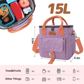Joymee Lunch Bag Women, Large Insulated Lunch Box for Women, Waterproof Work Lunch Tote, Reusable Leakproof Small Cooler for Office Picnic Camping, Adjustable Shoulder Strap & Side Pocket, Purple