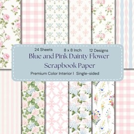 8 x 8" Blue and Pink Dainty Flower Scrapbook Paper: Colorful Floral Decorative Sheets for DIY Crafts, Journaling, Albums, Invitations, Gift-wrapping: Premium Color Interior, 12 Designs, 24 Sheets