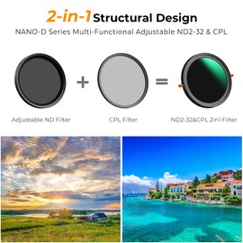 K&F Concept 52mm Versatile ND2-32 & CPL Filter, Variable ND Polarizing with 24-layer Coating, Waterproof 5 stop ND Polarizer Optical Glass with Push Rod (Nano-D Series)