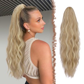 FESHFEN Wavy Ponytail Hairpiece with Clip, Cruly Long Braid Extensions, Claw Clip-In Wavy Ponytail Extension, Synthetic Hair Extension for Women, 63 cm, Dark Ash Blonde, Mixed Bleach Blonde