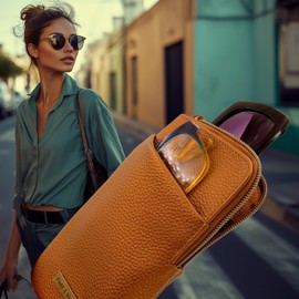 Double Eyeglass Case | Semi Soft Faux Leather Zipper Glasses Pouch - Chic Dual Durable Sunglass Case (IP128 Bronze)