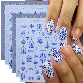 6 Sheets Bohemian Style Nail Stickers for Nail Art Gold Nail Art Stickers 3D Self-Adhesive Silver Bohemian Designs Nail Decoration Retro Blue Nail Decals for Women Summer Nails Supplies
