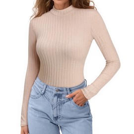 MANGOPOP Thermal Long Sleeve Shirts for Women Turtleneck Undershirts Ribbed Fitted Fleece Underwear Tops Sweatshirts Nude