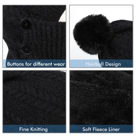 TAGVO Winter Warm Knitted Hat & Neck Warmer Sets, Flexible Knitted Hat with Hair Ball, Soft, Thick Fleece Lined, Adjustable Face Mask for Women for Outdoor Sports, Winter Gift, black