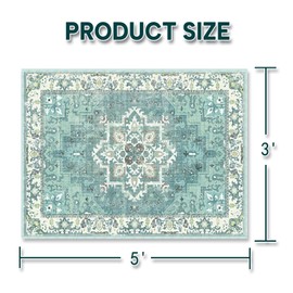 3×5 Boho Area Rugs,Machine Washable Neutral Vintage Carpet for Living Room,Office,Bedroom,Dining Room and Farmhouse with Non Slip Backing Home Decor,Teal Green