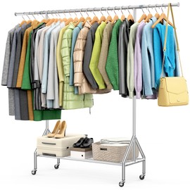 100% Stainless Steel Clothing Rack Load 760LBS, Ultra-Stable Heavy Duty Clothes Rack W/ Reinforced Rubber Ring, Extendable Adjustable Rolling Garment Racks W/ Sturdy Wheel for Portable Hanging Clothes