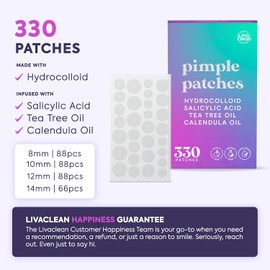 Parches para Granos para el Rostro LivaClean 330 CT con Ácido Salicílico, Árbol de Té y Aceite de Caléndula - Cuatro Tamaños - Parche para Granos, Parche de Hidrocoloide, Parches para el Acné