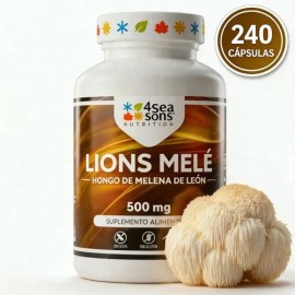 4 Seasons Nutrition | LIONS-MELÉ | Hongo Melena De León | 500 mg | Suplemento Alimenticio | Fórmula Avanzada | Sin Conservadores | Vegano, Sin Gluten, Sin Azúcar, Sin Soya | 240 Cápsulas