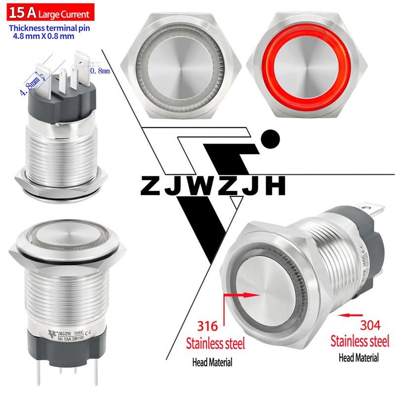 15 Amp Push Button Switch 16mm 5/8" Momentary Switch Red