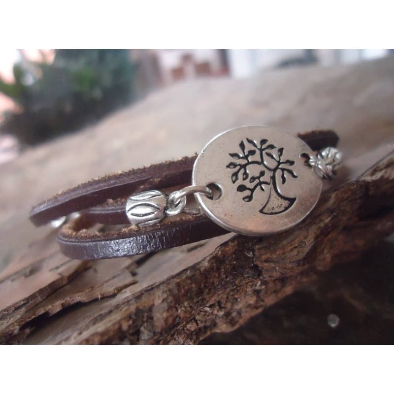 ✿ Ethnic natural tree and leather ✿ wrap bracelet