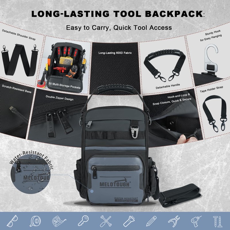 MELOTOUGH Small Tool Backpack for Men 30 Multi-Storage Pockets Heavy