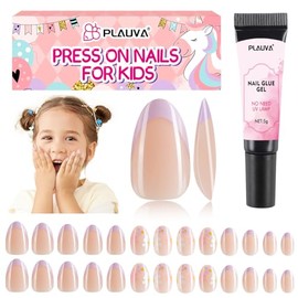 Plauva 26 uñas postizas para niños, diseño de margaritas moradas con punta francesa, para niñas adolescentes de 8 a 12 años, con pegamento.