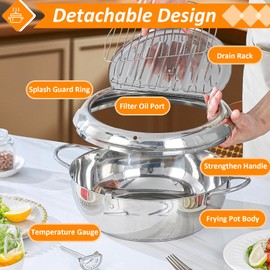 Deep Fryer Pot, 9.8"/3L Stainless Steel Japanese Tempura Frying Pot with Lid, Temperature Control, Oil Drip Drainer Rack for Fried Chicken, Shrimp, French Chips
