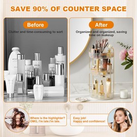 Organizador de Maquillaje Giratorio: Almacenador de Maquillaje Giratorio de 360° Gran Capacidad 3 Niveles Ajustables Sostén de Brochas Revolvente para Tocador y Dormitorio (Transparente-A)