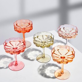 Khen Flower Vintage Wavy Glass Coupes Martini, Champagne & Cocktail Coupes - Set of 5-7oz Colorful Cocktail Glasses & Champagne, Prosecco, Mimosa Glassware Copyright Design - Fall Holiday Colors