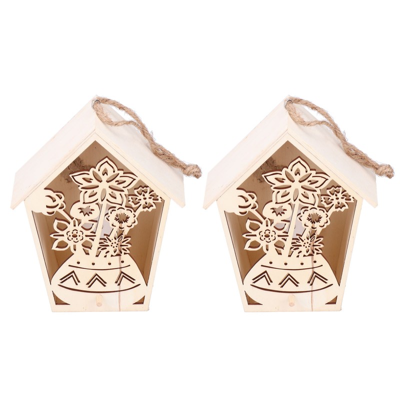 2Pcs Bird House with Warm Light Hollow Flowers Patterns Bird