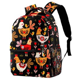 LORVIES Colorful Rooster Chicken Floral Pattern Lightweight School Classic Backpack Travel Rucksack for Girl Women Kids Teens