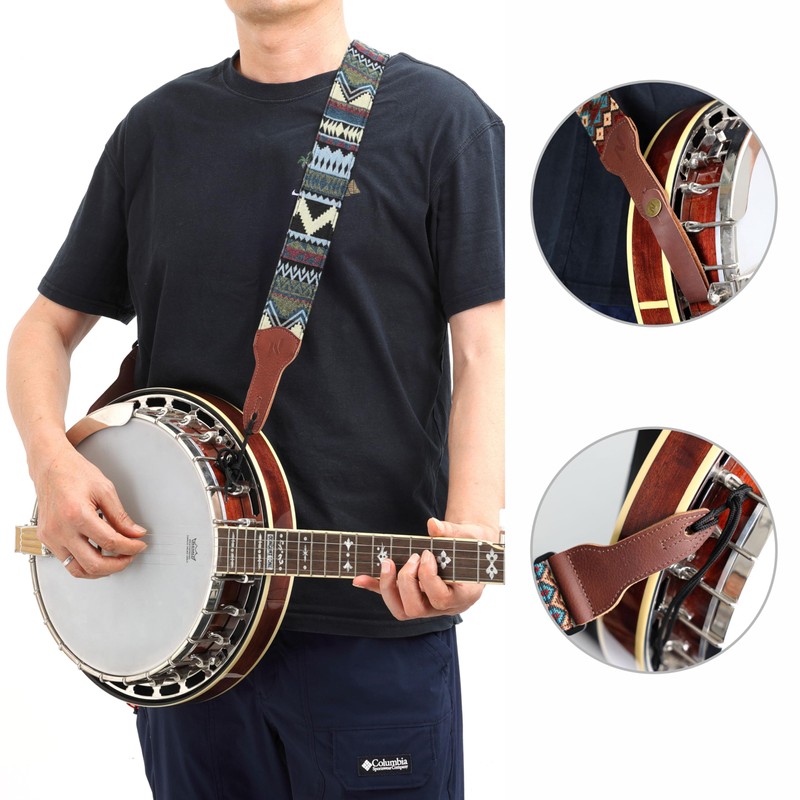 Nefelibata Banjo Strap, 2" Wide, Full Grain Leather Jacquard Embroidered,