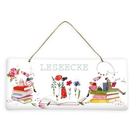 Tin Sign for Hanging "Reading Corner" | Wall Decoration Metal Landscape | Metal Sign with Books and Vintage Illustrations | Beautiful Decoration for a Cosy Reading Corner