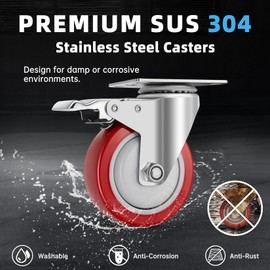 W B D WEIBIDA Stainless Steel 4 Inch Caster Wheels with Brake,Anti-Corrosion 304 Heavy Duty Casters Set of 4,Rust-Proof Industrial Castor for Furniture,Labs,Hospitals,Restaurants,Industrial
