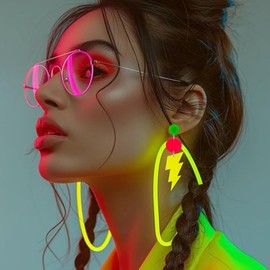 80s Neon Earrings,4 Pairs Hot Pink Hoop Heart Lightning Cassette Neon Earrings 90s 80s Outfit Accessories for Women Party Gifts, Medium, Alloy Steel, No Gemstone