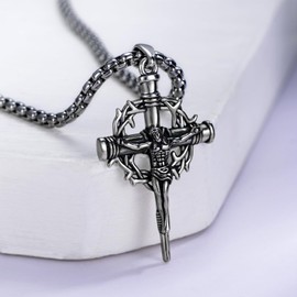 YYmqmq Crown of Thorns Necklace 925 Sterling Silver Black Nail Cross Pendant Crucifix Necklace Christian Jewelry Catholic Gifts for Women Men