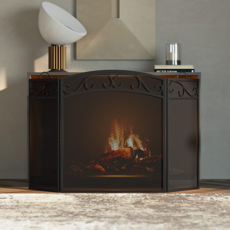 Fire Beauty Fireplace Screen 3 Panel with Handles Wrought Iron