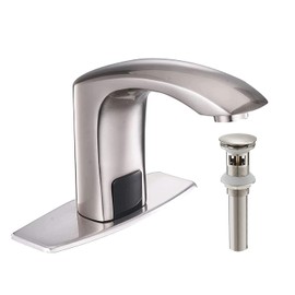 Automatic Sensor Touchless Bathroom Faucet Brushed Nickel Match Pop Up Drain with Overflow Motion Actived Solid Brass Bathroom Sink Faucet with Hole Cover Plate Hands Free Vanity Faucets Deck Mount